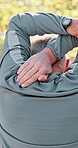 Back, elderly man and stretching for fitness with warm up, muscle tension relief or start in nature. Old person, self care or outdoor with routine for wellness, retirement activity or physical health