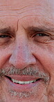 Face, laughing and closeup of mature man, comedy and happy to relax in retirement, healthy and smile. Elderly person, retired and excited to enjoy pension, funny and positive mindset for ageing