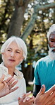 Break, fitness or old people in park for talking, exercise or wellness health in retirement. Support group, gossip or senior friends in nature for morning workout, conversation or outdoor training