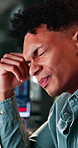 Frustrated man, confused or night with stress for bad investment, stock market crash or plummet at office. Male person, broker or investor in debt or mistake for loss, bankruptcy or financial crisis