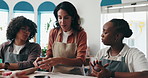 Pottery, teaching and woman with people in art workshop for skills with clay, ceramic or sculpture class. Creative, learning and teacher with group to practice hobby, craft and pattern to mold object
