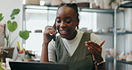 Phone call, laptop and black woman in pottery workshop for order confirmation with small business. Communication, computer and African ceramist on mobile discussion for clay instructions in store.