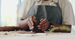 Pottery, art and hands of person in workshop, studio or shape process for handmade ceramic design. Craft, hobby and artist with clay, unique artwork and creative class with sustainable development