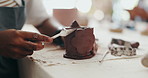 Pottery, tools and hands of woman in studio for workshop, art process and handmade ceramic design. Craft, hobby and artist with unique ideas, clay artwork and creative class for sustainable project