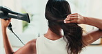 Home , haircare and woman with dryer, bathroom and grooming with equipment for beauty, back or texture. House, wind and person with appliance for hairstyle, electric or treatment for hairdo with heat