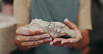 Hands, pottery and sculpting clay with woman in studio closeup for art, crafts or creative hobby. Ceramic, technique and terracotta with master potter or sculptor in workshop to shape material