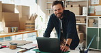 Businessman, logistics or boxes with laptop for supply chain, distribtution or online store. Portrait, man or distributor with smile on computer for small business, ecommerce shop or delivery service