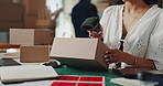 Scanner, packaging info and woman with courier, supplier and shipping for small business distribution. Supply chain, logistics and inventory with e commerce, owner and parcel for delivery service