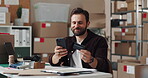 Smile, man and credit card with phone at warehouse for online shopping, purchases and bank details. Male person, mobile and transaction with ecommerce sales, tracking order and checkout for inventory