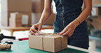 Woman, bow or hands with box for delivery, supply chain or packaging order at warehouse. Small business, strings tie or owner wrapping parcel, gift or product for shipping, present or courier service