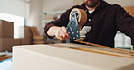 Man, tape and hands on box for order, postage service and courier industry in small business. Shipping delivery, entrepreneur and seller in production warehouse sealing closeup and packaging parcel