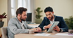 Tablet, financial advisor and business men in discussion, planning or problem solving in meeting. Technology, teamwork and talk to manager for investment update, profit growth and increase in office