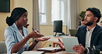 Tablet, team or business people talk in meeting for sales, financial coverage or insurance insight. Technology, advisor and discussion with manager for consultation, negotiation or planning in office