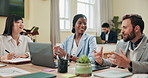 Business people, talking and laptop in office for meeting, positive feedback or investment opportunity. Finance, technology or corporate team in workplace for professional collaboration with proposal