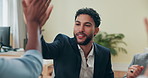 High five, celebration and business people for collaboration, partnership and team building mission. Friends, excited and support for b2b success, startup deal and media project management promotion
