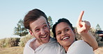 Happy couple, hug and relax in nature with love, summer date and windy Valentines day. Man pointing, woman and outdoor with bonding on romantic trip, vacation travel and bird watching in environment