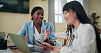 Teamwork, women or laptop in office for planning, project collaboration or positive feedback. Web designers, tech or chat in agency for discussion, problem solving or explain software for development
