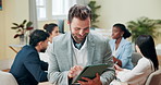 Typing, tablet and business man in meeting, reading email or scroll finance forum. Technology, office and happy broker on app for communication online, trading update or check investment notification