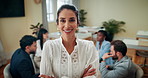 Business woman, face and arms crossed for confidence, management or networking for schedule planning. Office, portrait and employee with project leader for company growth, report review or coworking