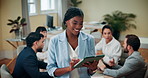 Smile, tablet and business woman in office, reading email or typing on risk management forum. Technology, online and manager on chat app for communication, financial insurance and planning in meeting