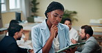 Business woman, thinking and tablet for schedule, communication or networking for research planning. Manager, portrait and employee with technology for social media, report review and office agency
