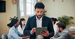 Tablet, serious and business man in office, research or scroll news for economy. Technology, manager and consultant on app for communication online, financial investment or economist planning meeting