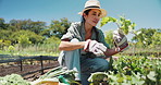 Agriculture, woman and vegetables harvest on farm for food production, agribusiness and sustainable development. Farmer, happy and picking fresh crops in environment for organic produce and supplier