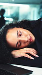 Tired, sleeping and laptop with business woman in office for burnout, proposal deadline and overworked. Fatigue, bored and nap with person and online in agency for resting, pressure and brain fog