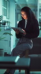 Tablet, research and typing with business woman in office for project, wireframing layout or product designer. Report update, client feedback and reading with person in agency at night for deadline