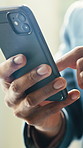 Business person, hands and scroll with phone for social media, communication and app. Contact, chat and internet with smartphone for email, online conversation and networking with message at work