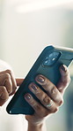 Person, hands and scroll with phone for social media, communication and app. Woman, business chat and internet with smartphone for email, online conversation and networking with message at work