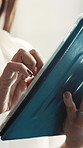 Tablet, network and hands of business woman in office for email response, connection and client feedback. Chat, notification and scroll with closeup of employee for schedule, update and online news