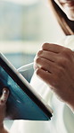 Tablet, stylus and writing with hands of employee in office for email response, connection and client feedback. Chat, notification and scroll with closeup of woman for schedule, update or online news