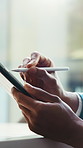 Pen, tablet and hands of business person writing in office for website, research and online project. Corporate, draft and employee with stylus on digital tech for planning, proposal and networking