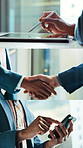 Business collage, hands and people in office for handshake, research tablet or scroll on phone. Closeup, corporate employee or working on technology for investment deal, company partnership or offer