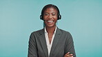 Call center, customer service and woman laughing in studio for funny client, sales consulting and policy review. Insurance consultant, black person and microphone with arms crossed on blue background