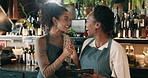 Partnership, high five and tablet with women in coffee shop for celebration or success together. Deal, goals and target with small business owner people in startup cafe for management of restaurant