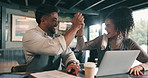High five, laptop and success with people in coffee shop for celebration or motivation together. Conversation, management and partnership with small business owner people in cafe for goals or target