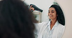 Haircare, mirror and woman with dryer, grooming and smile for routine in bathroom, morning and hairstylist. Happy, clean and reflection of person with equipment, bathrobe and drying of hair in house