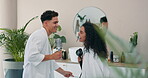 Happy, couple and dancing with brush in bathroom for getting ready, playful karaoke and hair care. Smile, people and hairdryer for grooming wellness, morning routine and relationship romance at house