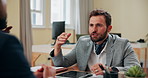 Interview, meeting and onboarding with business people in office together for hiring or recruitment. Conversation, our vision and proposal with employee men in corporate workplace for discussion