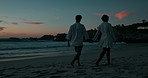 Back, couple and walking at beach sunset for summer vacation, bonding together and ocean travel. People, journey and support with love for evening getaway, relationship commitment and date adventure