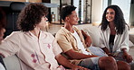 Friends, talking or students together in home in shared apartment at university. Group, happy people or communication on sofa in college for story, news or social gathering for weekend plans to relax