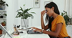 House, laptop and woman at desk, headache and stress with work crisis, overworked and deadline. Profile, entrepreneur and writer with computer, migraine and tension with brain fog, pain and fatigue