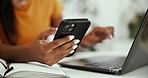 Hands, woman or journalist with phone or notebook for networking or media press research. Breaking news, laptop or writer reading on mobile app for publication website, choice online article storey