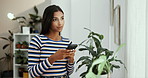 House, thinking and woman with smartphone, ideas and internet with connection, thoughtful and choice. Person, ponder and girl in lounge, cellphone and mobile app for email, online reading and wonder