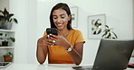 Chatting, student and woman with smartphone, smile and communication with contact on app, home and online. Texting, digital and Indian person with mobile for message, university and reading of email