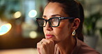 Business, computer and woman with thinking at night for publication deadline, creative process or story research. Journalist, employee and ideas for news article solution or source decision in office