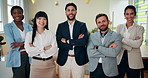 Happy people, face or confident in office for business, creative startup or about us. Small business team, smile or arms crossed in agency for design collaboration, partnership or pride for diversity