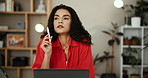 Laptop, writing or woman thinking in home with ideas, journal or reflection for creative story or solution. Planning, writer or author in remote work for schedule, inspiration or brainstorming notes